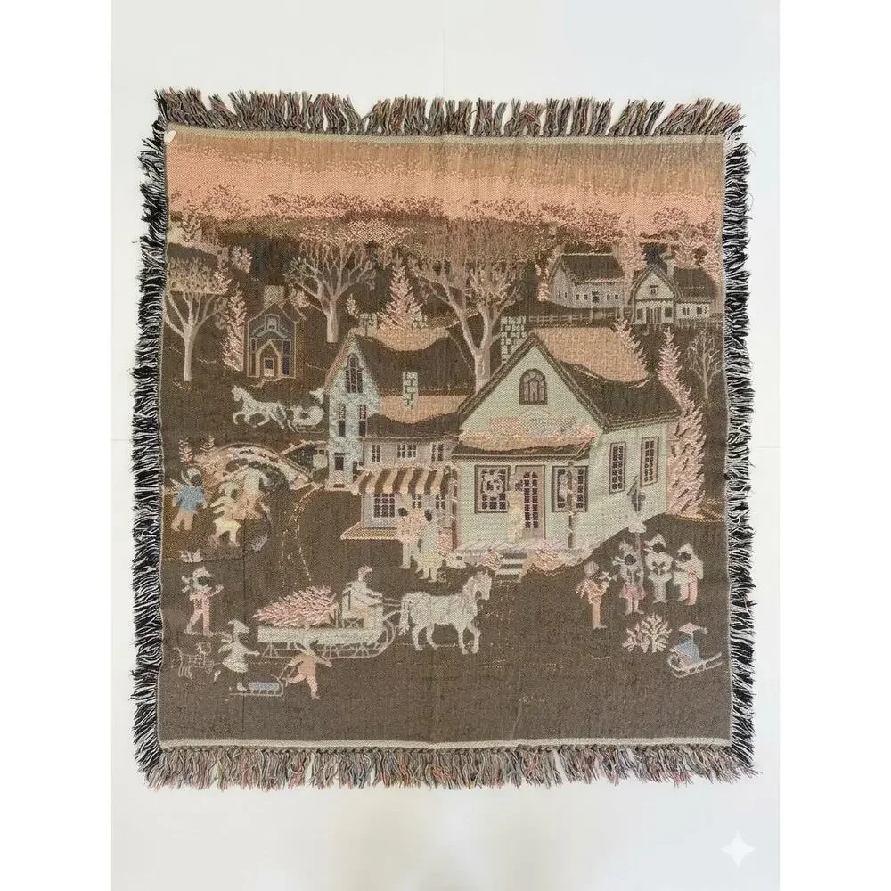 Vintage Christmas Woven Throw Blanket Winter Village Tapestry Fringe 47x53